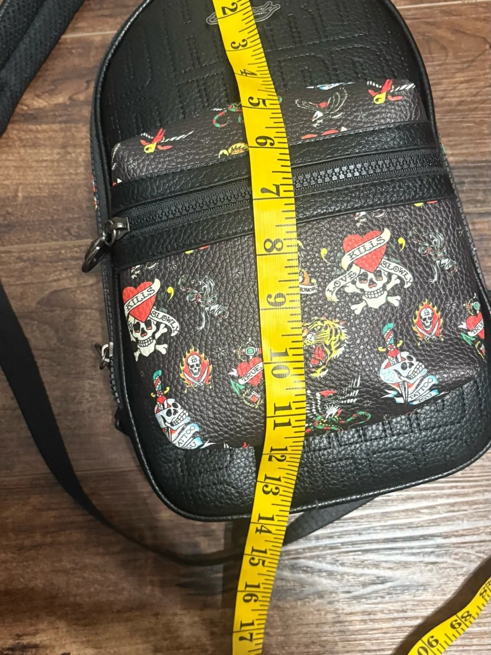 Ed Hardy Black Backpack/ Sling bag with Multicolor Tattoo Prints NWT